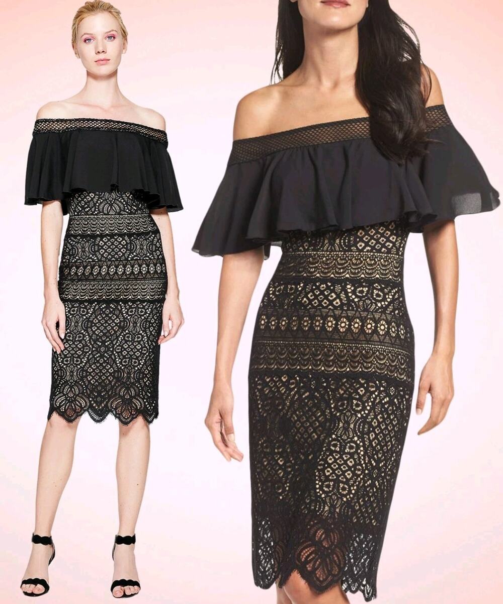 Tadashi Shoji Alexia Off Shoulder Crochet Lace Black Nude Cocktail Dress Size 10